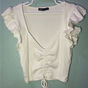 Zara White Ruffle Sleeve Crop Top